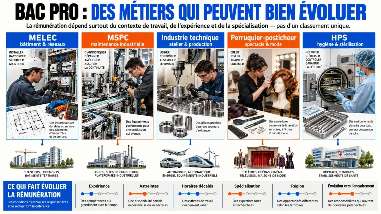 Infographie des métiers bac pro qui gagne bien selon les spécialités, les débouchés et les possibilités d’évolution