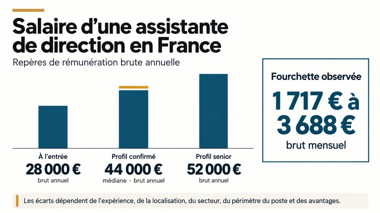 Infographie sur le salaire d'une assistante de direction selon l'expérience en France