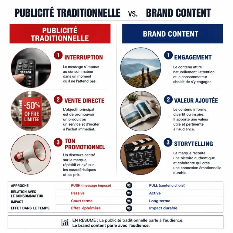 Comparatif entre brand content et publicité traditionnelle pour comprendre les différences stratégiques