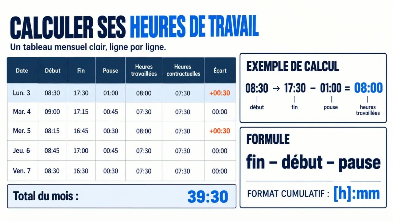 Infographie d'un tableau pour calculer les heures de travail par mois avec les colonnes horaires et la formule de calcul