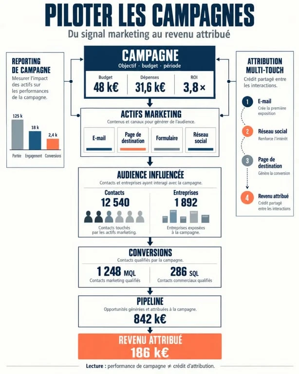 Infographie HubSpot gestion campagnes reportings de la campagne au revenu attribué