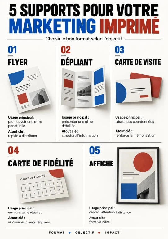 Infographie comparative des supports d’impression marketing : flyer, dépliant, carte de visite, carte de fidélité et affiche