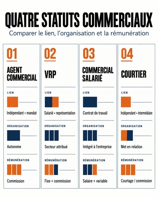 Infographie sur la définition de l’agent commercial et ses différences avec le VRP, le salarié et le courtier
