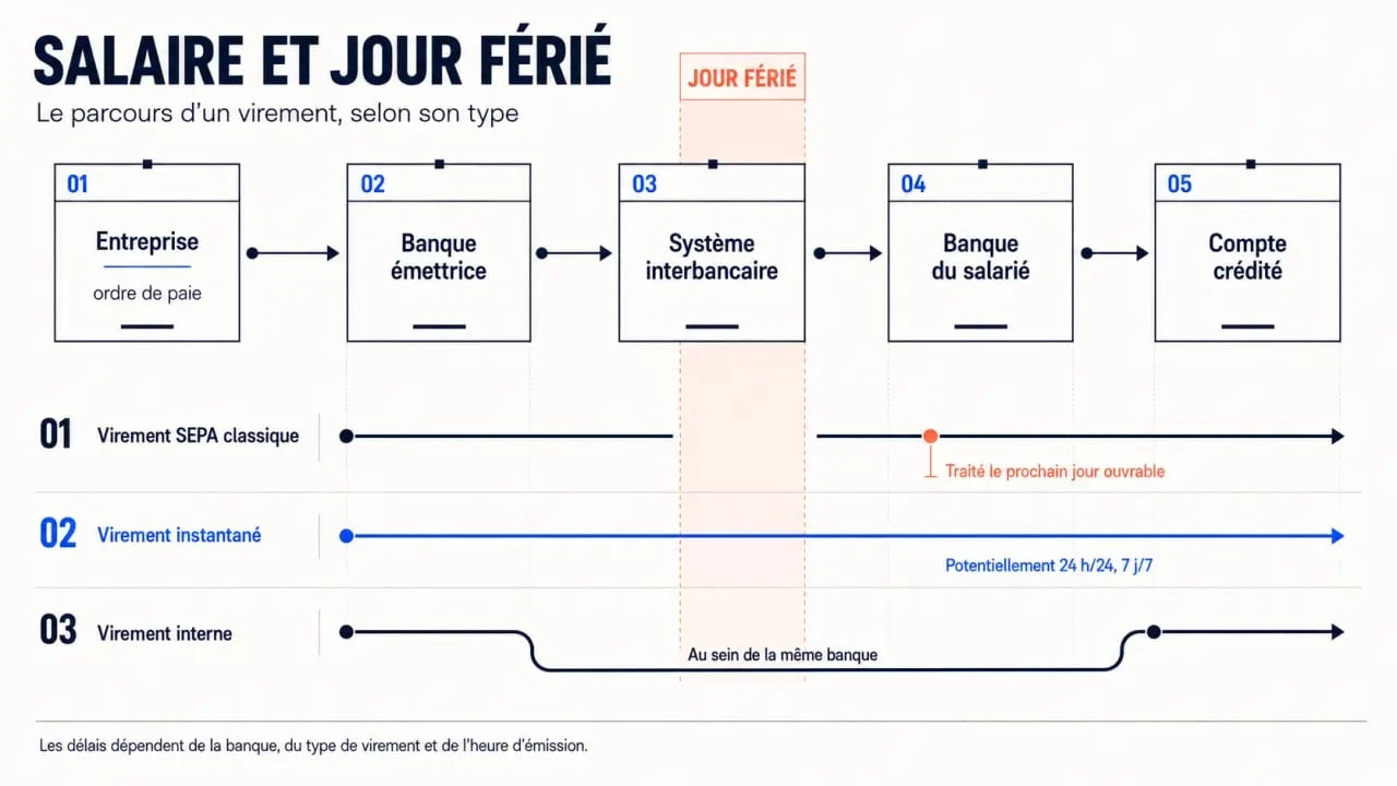 Schéma expliquant peut-on recevoir son salaire un jour férié selon le type de virement