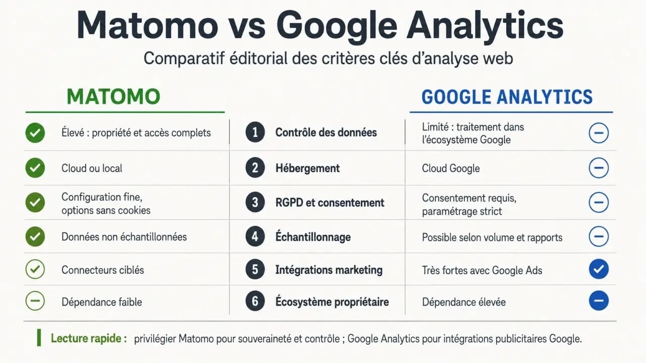 Matomo vs Google Analytics : comparaison éditoriale des différences RGPD, hébergement et contrôle des données