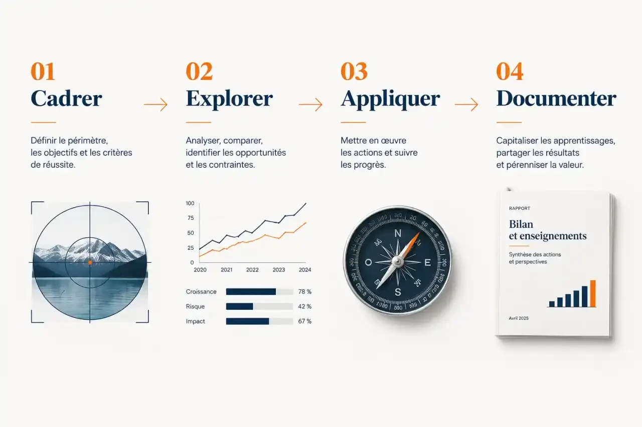 Parcours en quatre étapes pour une formation professionnelle autodidacte à partir de contenus éditoriaux business comme laparenthesebusiness.fr : cadrer, explorer, appliquer, documenter