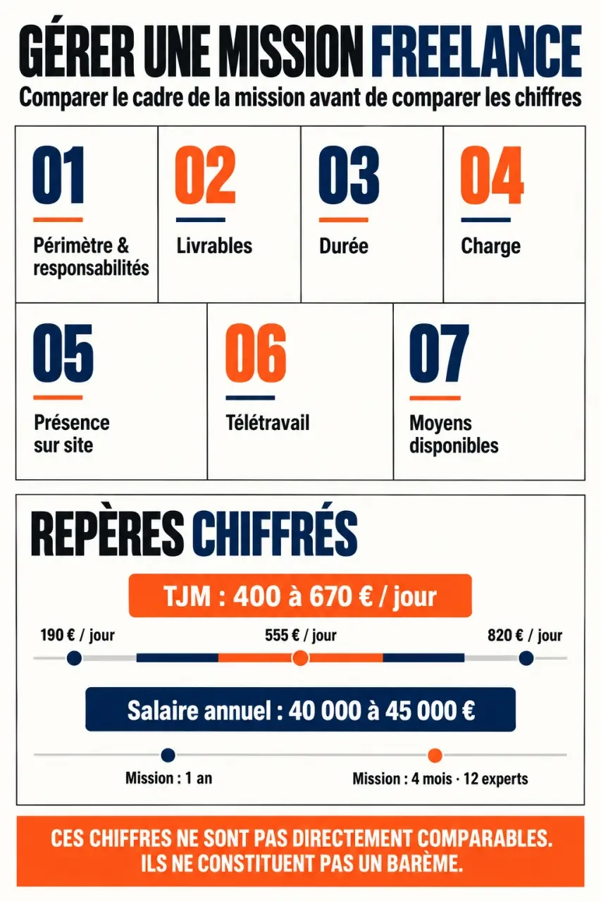 Infographie sur la gestion de projet freelance : TJM, salaire, durée, télétravail et responsabilités